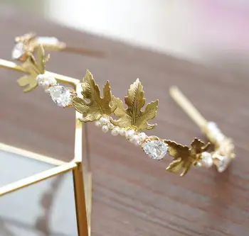 

Wedding Hair Accessories Pearl Zirconia Headpieces Headwear Gold Color Headbands Hairbands Leaf Tiara Women Party Bridal Jewelry