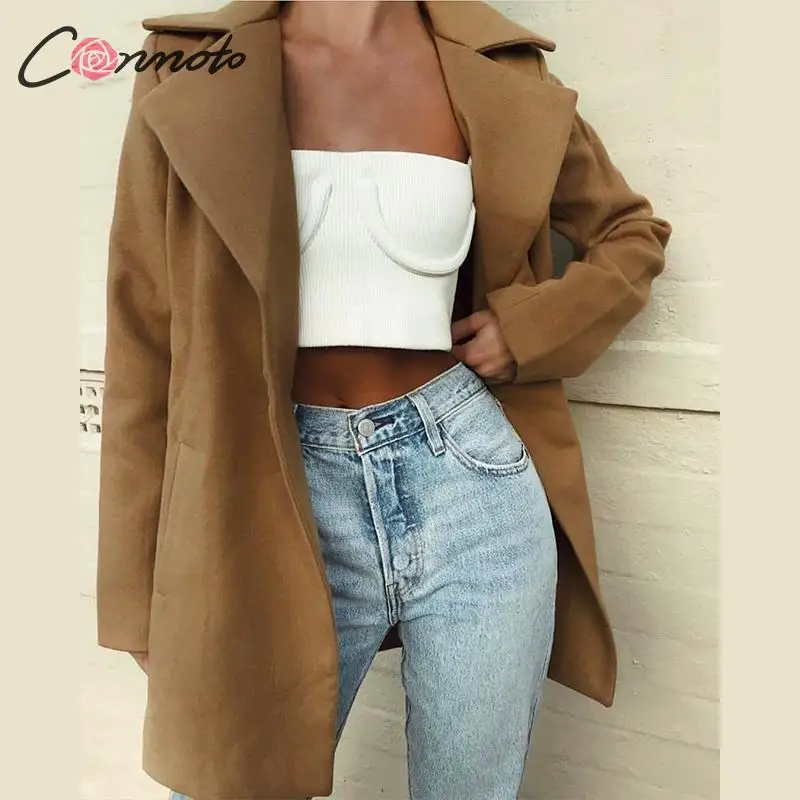 Conmoto, женские зимние шерстяные Длинные куртки, женские куртки с отложным воротником, модные женские пальто с поясом и карманами, верхняя одежда