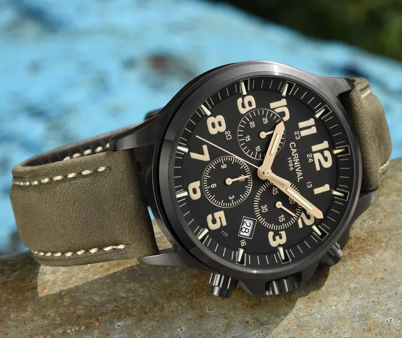 Мужские кварцевые часы с двойным календарем водонепроницаемые T25 tritium