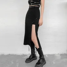 

Goth Dark Gothic High Waist A-Line Black Midi Skirts Mall Goth Y2k Punk Style Women Sexy Slit Side Buckle Front Skirt Clubwear