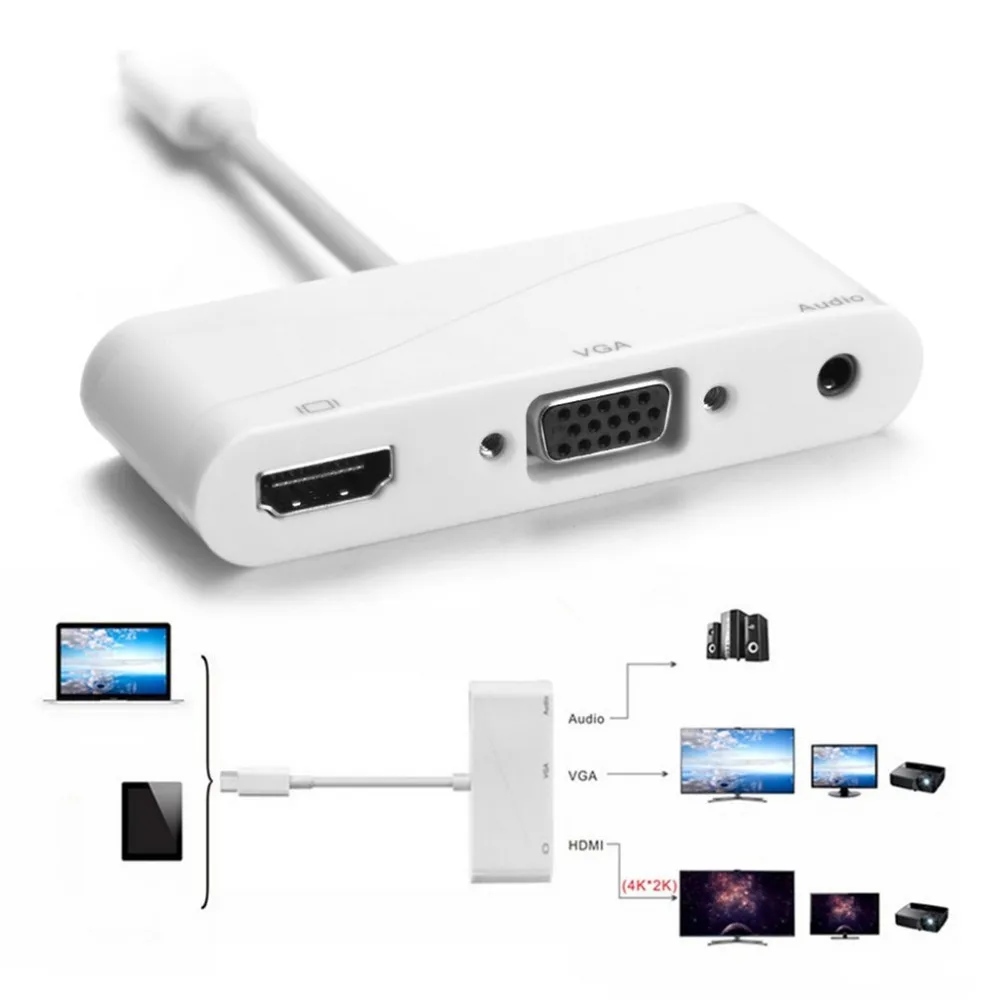 Высококачественный USB 3,1 тип-c к HDMI VGA Аудио HD адаптер высокой четкости конвертер с тип-c к VGA кабель Белый
