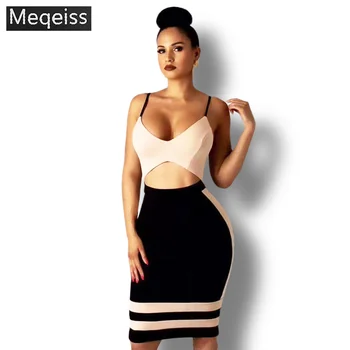 

2019 New Summer Women Bodycon Bandage Dress Vestidos Elegant Nude Spaghetti Strap Hollow Out Club Dress Celebrity Party Dresses