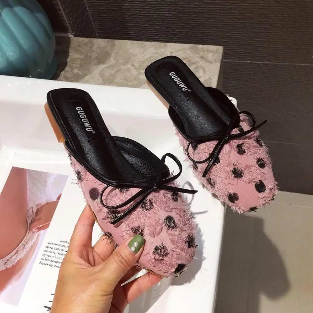 

Low Women's Slippers 2019 Slides Pointed Toe Woman Shoes Luxury Butterfly-knot New Cover Designer Hoof Heels Polka Dot Rubber