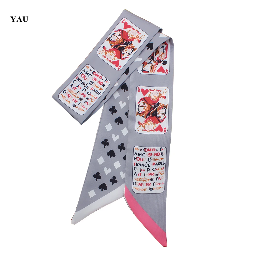 

Free Shipping 95cm*5cm Playing Bridge cards Printed Small Scarf Women Silk Headband Long Scarves Bag Accessories Ribbon