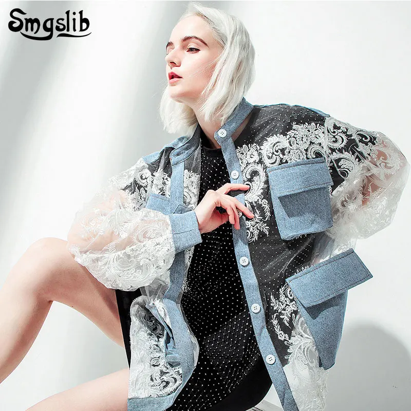 

2019 Women Coat jacket Streetwear Stand Collar Long Sleeve Blue Denim Lace Split Joint Big Size Jacket Women Coat Fashion Tide