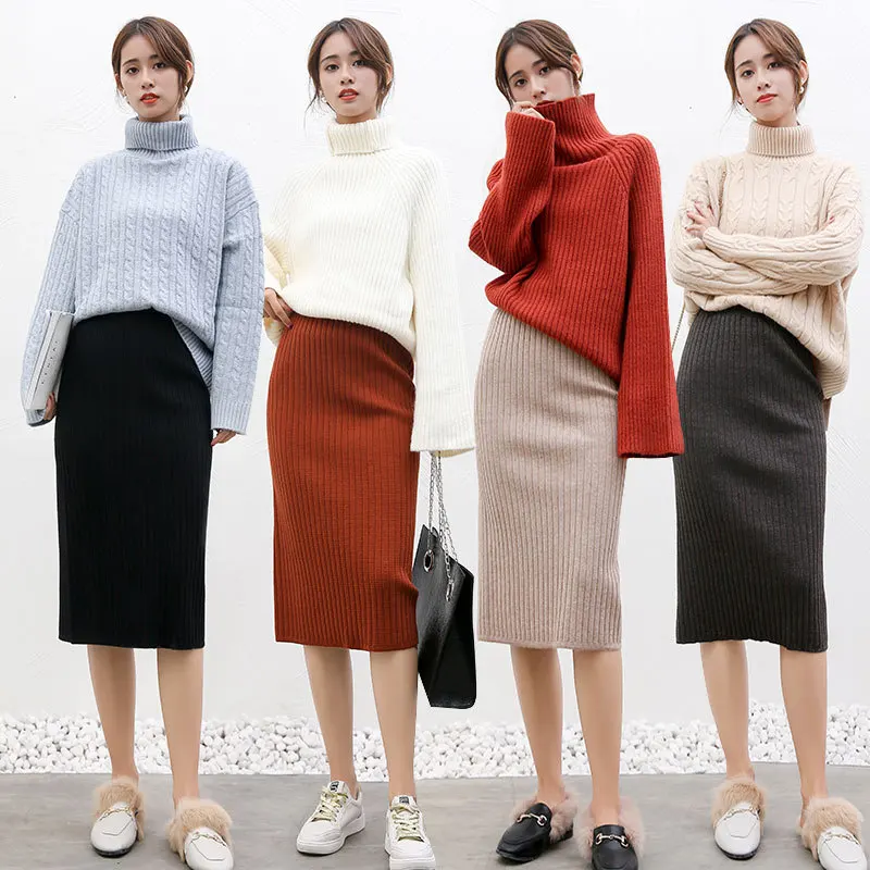 Knitted Skirt Summer Women's New Style Slit Autumn And Winter Mid-length High-waisted One-step Skirt Autumn Long Skirts Ski