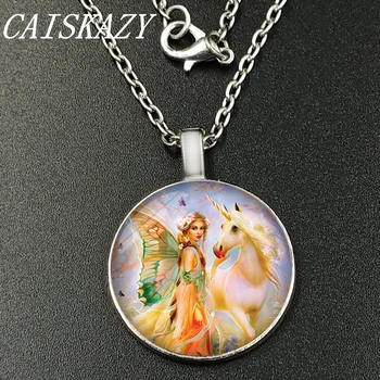 

Fairy Angel with Unicorn Handmade Glass Cabochon Necklace Beautiful Angel with Wings Glass Dome Pendent Necklace for Women