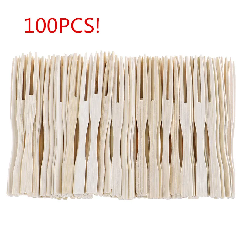 100 Uds desechables de bambú de madera Tenedor de fruta postre tenedor para cóctel de fiesta a casa hogar Decoración vajilla suministros