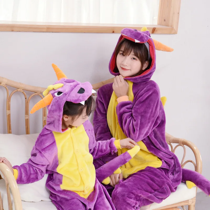 

Winter kigurumi Halloween purple dinosaur Unisex parent-child pajama cartoon flannel Christmas Pyjamas women home Sleepwear 2019
