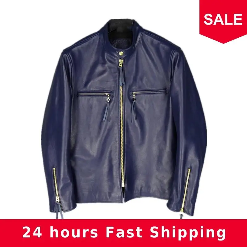 

2020 Blue Men American Casual Style Biker's Leather Jacket Plus Size 3XL Genuine Cowhide Autumn Slim Fit Motorcycle Leather Coat