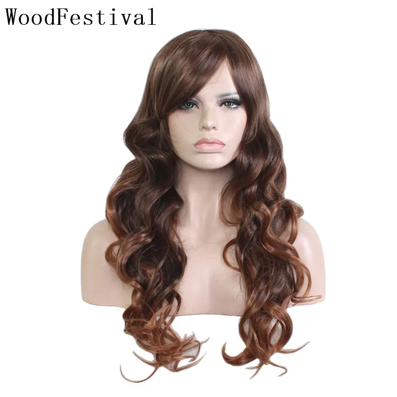 

WoodFestival Synthetic Wig with Bangs Wavy Heat Resistant Ombre Dark Brown Purple Pink Colored Long Hair Cosplay Wigs for Women