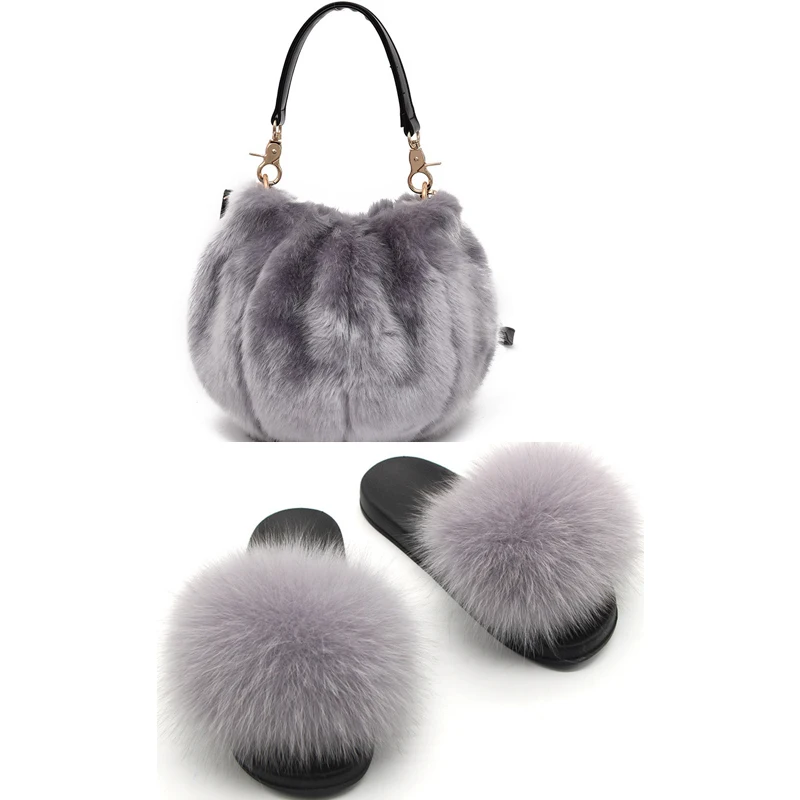 Women's Casual Plush Slippers Bag Set Ladies Pumpkin Cute Furry bag Real Fox Fur Slippers Set Elegant Dating Fluffy Slides Purse