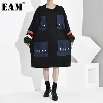 

[EAM] Women Knitting Split Denim Big Size Sweatshirt Dress New Round Neck Long Sleeve Loose Fit Fashion Tide Spring Autumn 2020