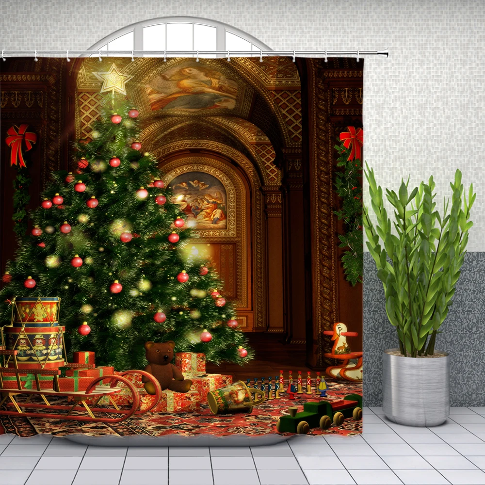 

Merry Christmas Decoration Shower Curtains Santa Claus Tree 3d Bathroom Curtains 180*180 Waterproof Fabric With Hooks Screen