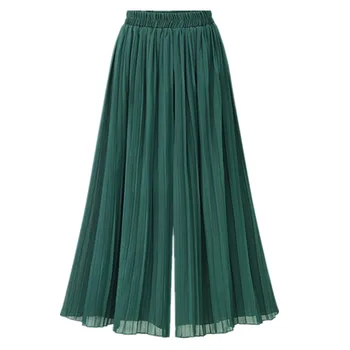 

Chiffon Wide Leg High Waist Cropped Pant For Women Casual Pleated Summer Vintage Boho Female Green Capris Trousers
