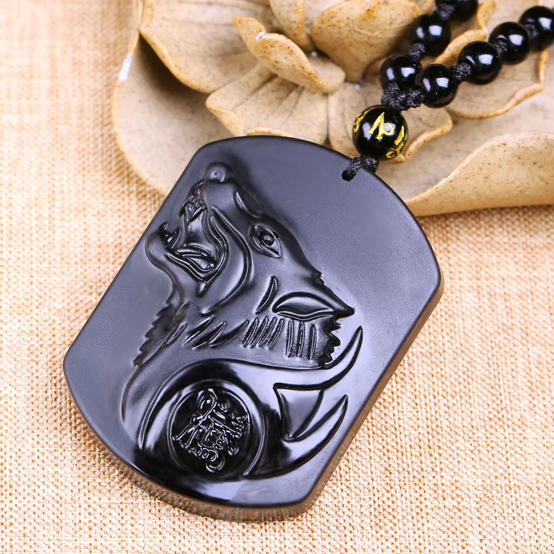 

Vintage Black Stone Wolf Head Pendant Necklace for Men Women Amulet Long Chain National Style Necklace Jewelry