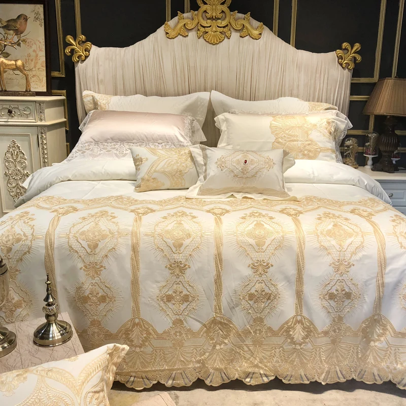 

Wide Golden Lace Duvet /Comforter Cover Set Pink White Premium Egyptian Cotton Bedding set Luxury Queen King size Bed sheet set