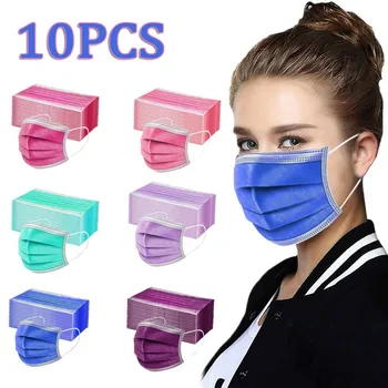 

10pcs Mask Disposable Non Wove 3 Layer Ply Filter Mask Mouth Face Mask Breathable Earloops Masks Anti-pm2.5 Mask Colorful