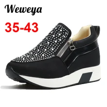 Weweya/блестящие стразы; обувь на танкетке; женская обувь на массивном каблуке; кроссовки на платформе; кроссовки на молнии; женские криперы; лоферы; Размеры 35-43