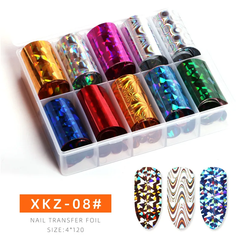 XKZ-08 10 рулонов/коробка 120 см дизайн ногтей перевод рисунка фольги стикер s ногтей Лазерная Звезда наклейка бумажный стикер s набор гвоздей аксессуары для ногтей - Цвет: XKZ-08