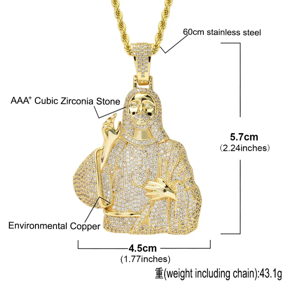 Хип хоп микро проложить AAA кубического циркония Bling Iced Out Иисуса кусок подвески ожерелье для мужчин раппер ювелирные изделия золото серебро