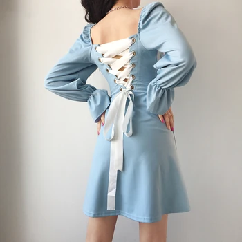 

Lace Up Backless Pleated Dress Elegant Vintage Flare Sleeve Short Dress Women Ruched Black White Blue Party Ladies Dresses Fall