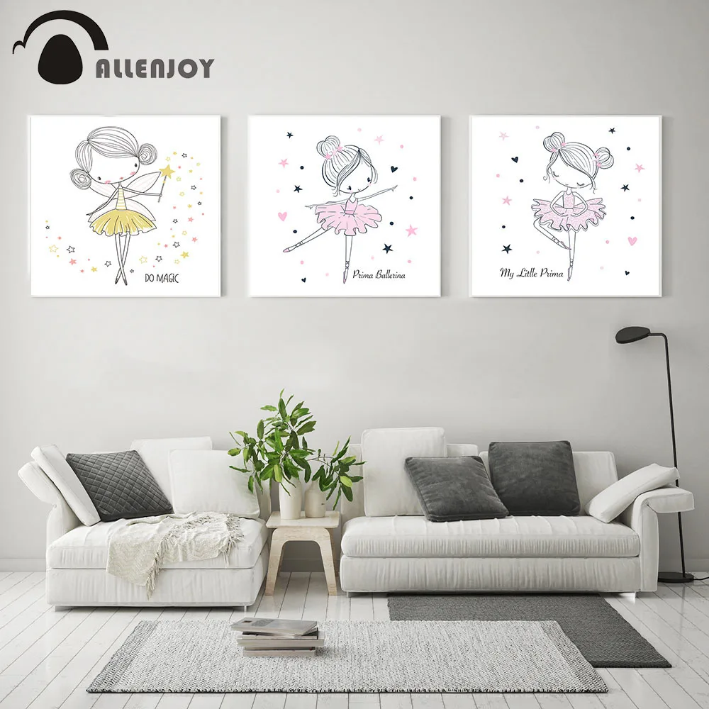 Allenjoy Baby Nursery Posters Wing Ballet Girl Stars Heart Dot Children Bedroom Canvas Paintings Minimalist Style Pink Pictures | Дом и сад
