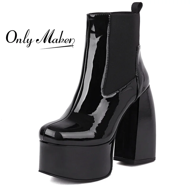 

Onlymaker Women Round Toe Black Patent Leather PU Ankle Platform Boots Thick High Heel For For Ladies Winter Booties