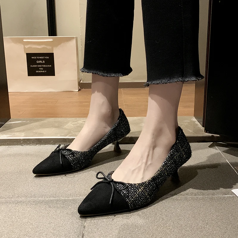 

5 Cm Mid Heel Shoes Women Butterfly Knot Pointed Toe High Heel Shoes Women Elegant Knitted Cloth Patchwork Women Pumps