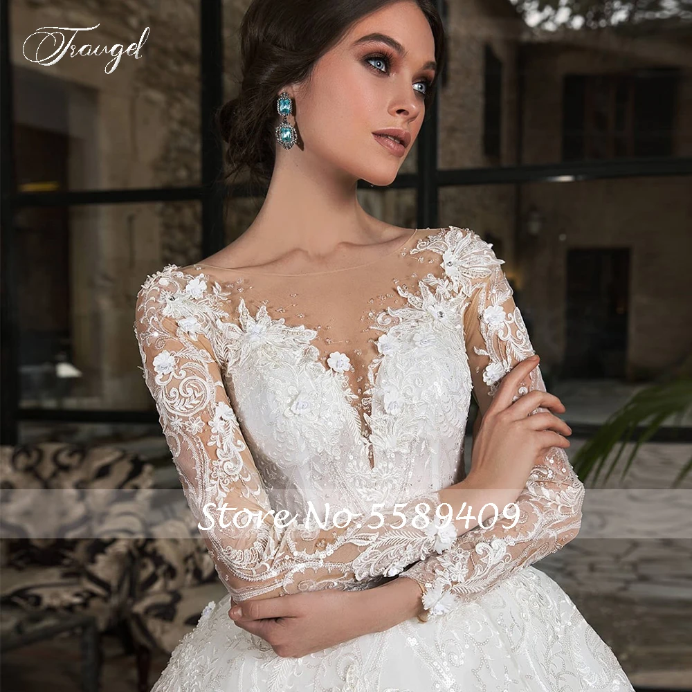 Customized Luxury Long Sleeve Flower Lace Vintage Wedding Dresses Elegant Scoop Neck Applique Beades Cathedral Train Bridal Gown 3
