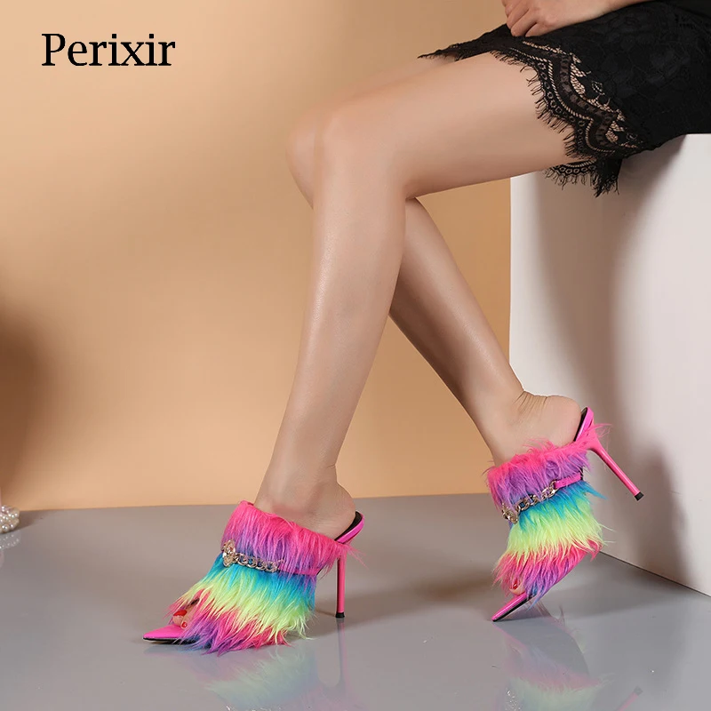 

Perixir Design Women Sandals Rainbow Faux Fur Slingback Footwear Summer Thin High Heel Slippers 2021 Newest Fashion Lady Shoes