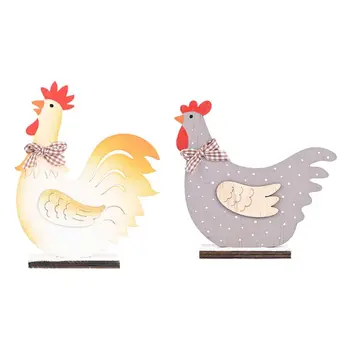 

2Pcs Wooden Crafts Easter Rooster Bowknot Chicken Shaped Figurines Home Party DIY Decoration Tabletop Ornament Festival Gifts