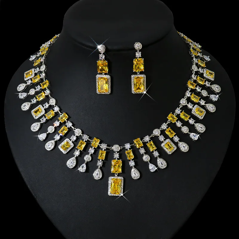 

HIBRIDE Gorgeous Dubai Yellow AAA Cubic Zirconia Stone Square Bride Necklace Jewelry Set Wedding Party Women Accessories N-1221