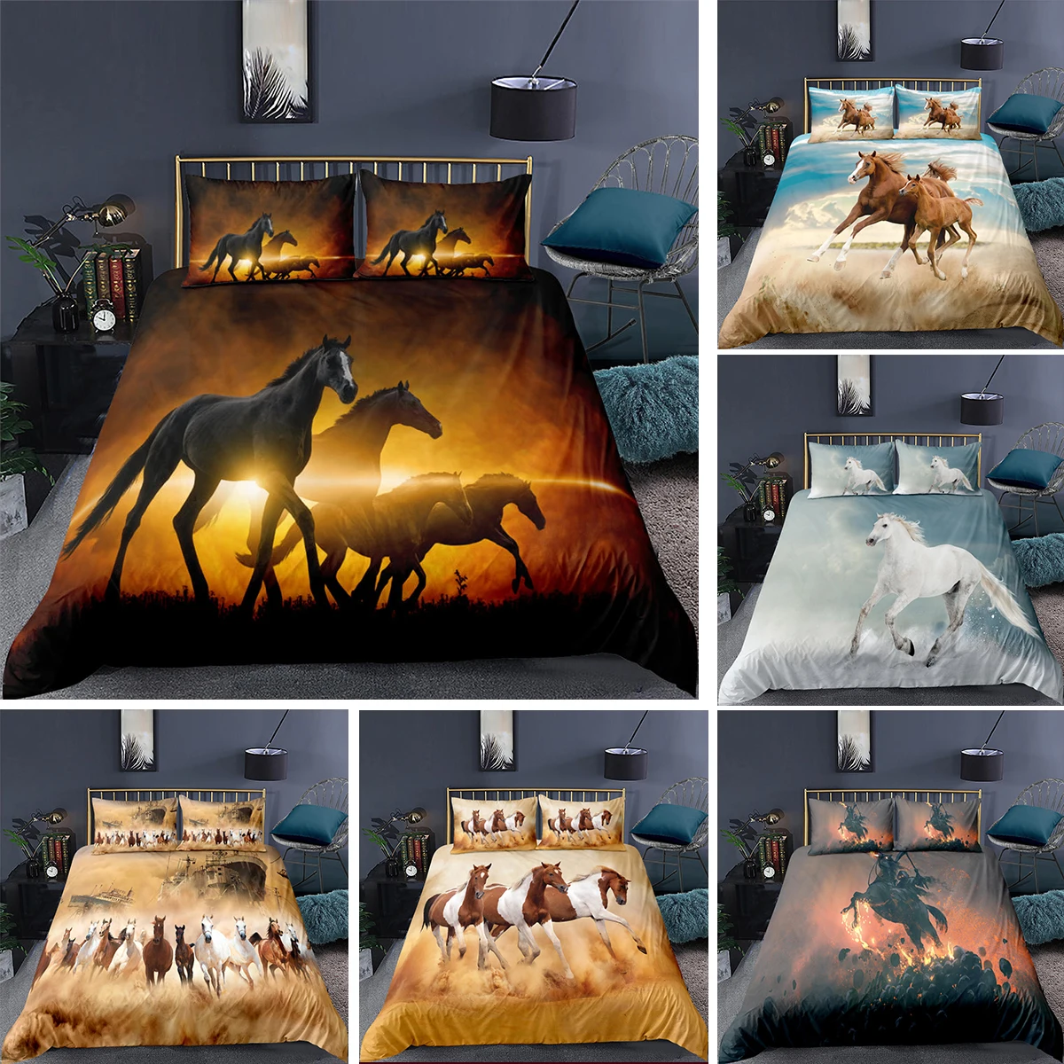 3D Running Horse Twin Queen King Duvet Cover Set Black White Animal Full Nordic Bedding For Adult Child Kids | Дом и сад