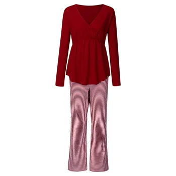 

Winter Maternity Set Sleepwear Gift Nursing Nightdress Striped Pants Long Sleeve Two Pieces Cotton Blend Pregnant Soft Pajamas