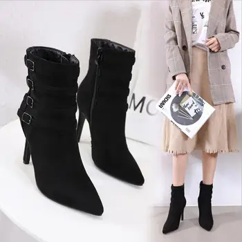 

CY307 2019 New Flock Ankle Boots Women For Autumn Winter Fashion Pointed Toe Thin Heels Zipper Buckle Woman Chelsea Boots
