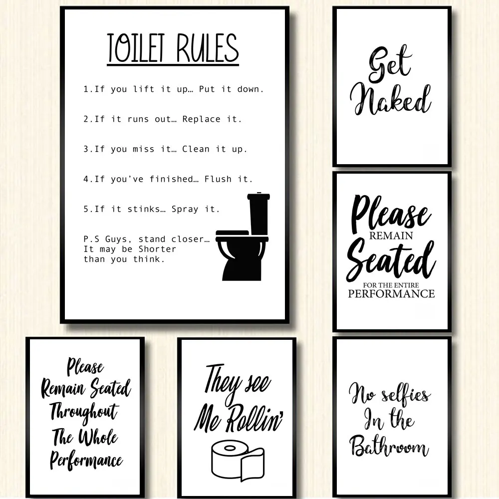 Wall-Art-Canvas-Painting-Funny-Bathroom-Rules-Sign-Nordic-Black-White-Poster-Prints-Toilet-Humour-Pictures