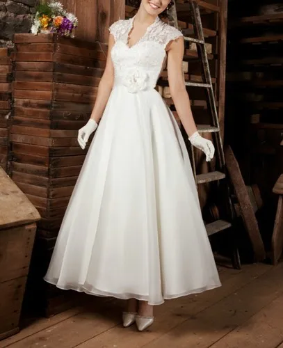 free shipping Bridal Gowns Custom vestido de noiva ankle-length white country lace simple A-line wedding Bridesmaid dresses
