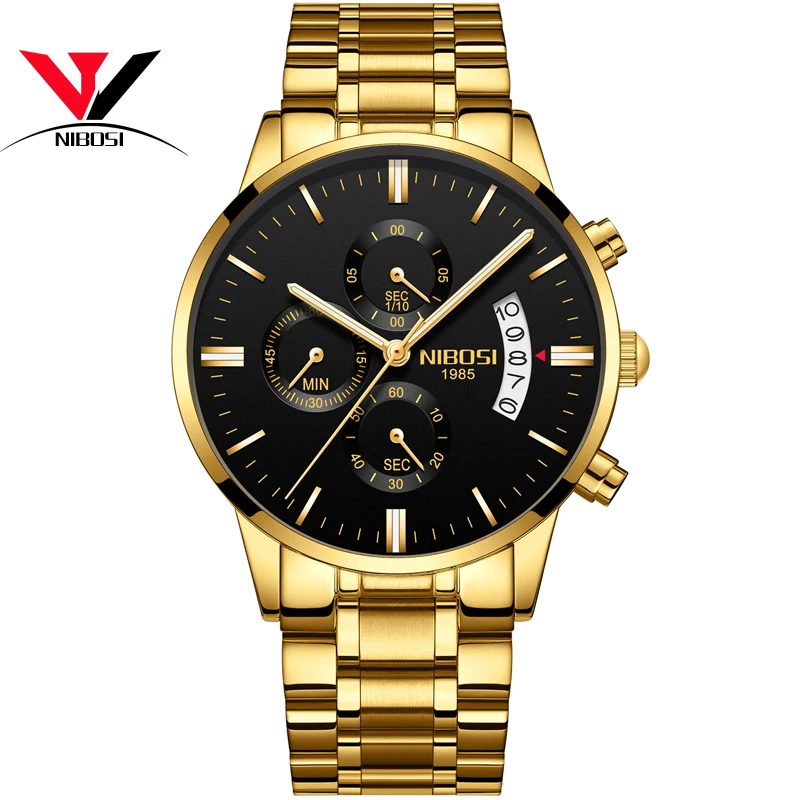 Najtaniej NIBOSI męskie zegarki chronograf sportowe męskie zegarki Top marka luksusowe wodoodporne pełne stalowe kwarcowy złoty zegar mężczyźni Relogio Masculino