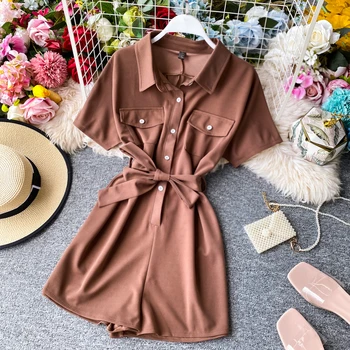 

New Women Shirts Jumpsuits 2020 Fashion Woman Short Sleeve Single Row Buttons With Belt Bandage Rompers Summer Shorts Overalls