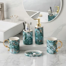 

Nordic Green Marble Bathroom Set Ceramic Toothbrush Holder And Soap Dish Mouthwash Cup Lotion Dispenser Set With Golden Line