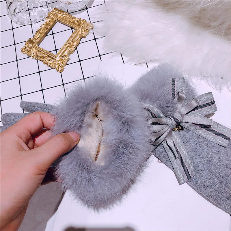 Женские корейские перчатки двухслойные плюс бархатные женские зимние кашемировые кроличьи волосы бант теплые перчатки