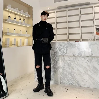 

Men Include Belt Rivet Leather Bag Loose Long Sleeve Casual Velvet Thick Shirt Male Streetwear Hip Hop Punk Gothic Shirts Coat