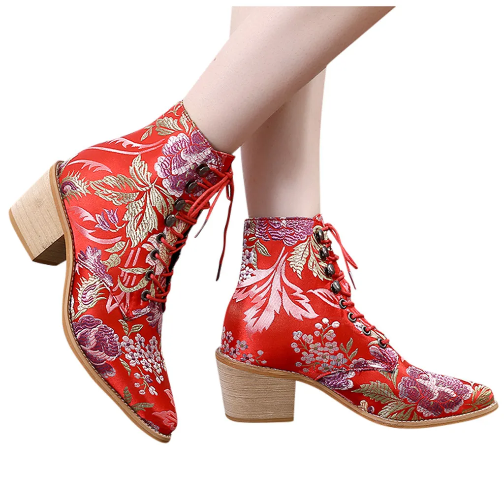 

Flower Embroidery Short Booties Women Fashion Pointed Toe Cloth Boot Lace-Up ankle Boots Chinese style party red leather Shoes