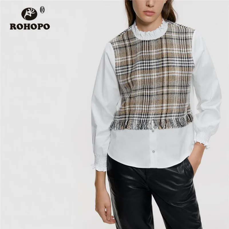 

ROHOPO Lantern Long Smocking Cuff Splice Tweed Tassel Blouse Semi High Collar Overlocked Neckline Pullover Tops Blusa #9716