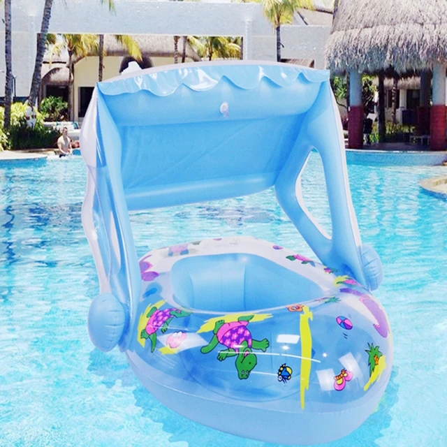 H055 Inflatable Baby Swimming Pool Float Water Beach Swim Ring Seat with Sun Canopy  Children's Day Gift 3-6 Years Old Blue 2