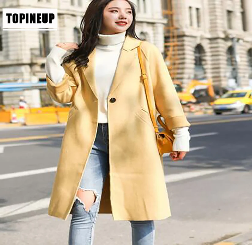 

New Korean Design Medium and Long Woolen Coat Solid Yellow Color Casual Single Button Turn-Down Collar Elegant Warm winter coat