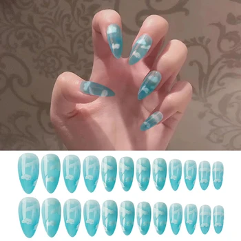 

24Pcs/set Stiletto Shape Fake Nails Sky Blue Love Beach White Cloud Summer Glitter Pointed Ladies Press On Designed Nail Tips