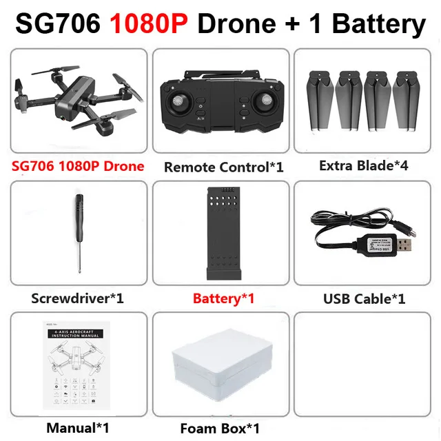 1080P 1B Foam SG706 Радиоуправляемый Дрон 4k Профессиональный 50x зум Дроны с камерой HD wifi FPV Квадрокоптер оптический поток одна кнопка возврата селфи Дрон - Цвет: 1080P 1B Foam