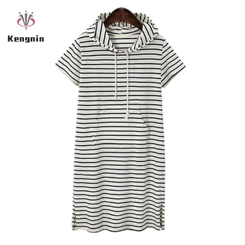 

2019 Summer European Style Plus Size 4XL Women Dresses Navy Wind Short Sleeve Ladies Robe Hooded Striped Casual Street Vsetidos